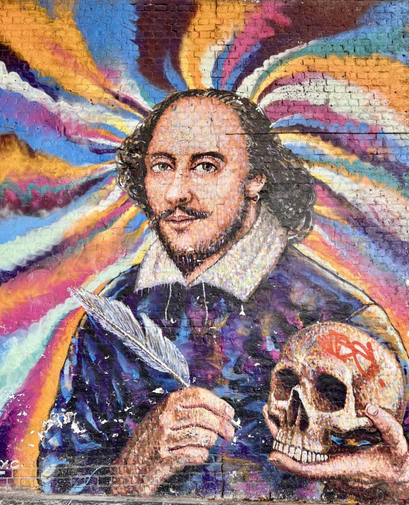 mural of Shakespeare outside the Globe Theater