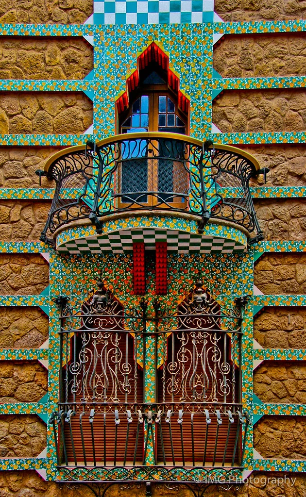 a gorgeous window at Casa Vicens, with marigold tiles and elaborate wrought iron 