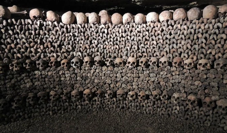 wall of skulls in the Catacombs of Paris