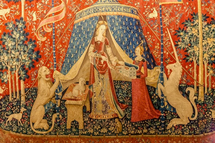 one of the Lady and the Unicorn tapestries in the Cluny Museum in Paris
