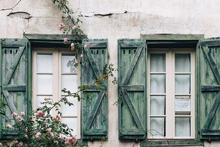romantic, rose drenched window shutter in Cordes sur Ciel