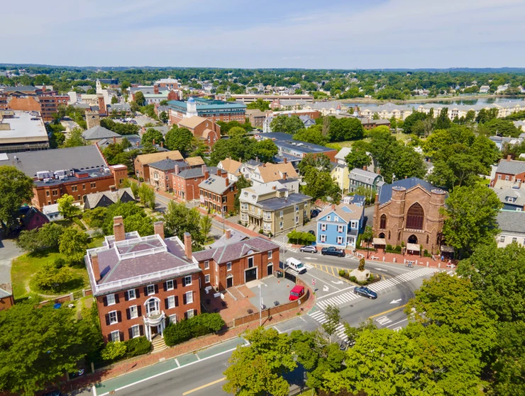 Aerial view of Salem historic city center including Salem Witch Museum and Andrew Safford House