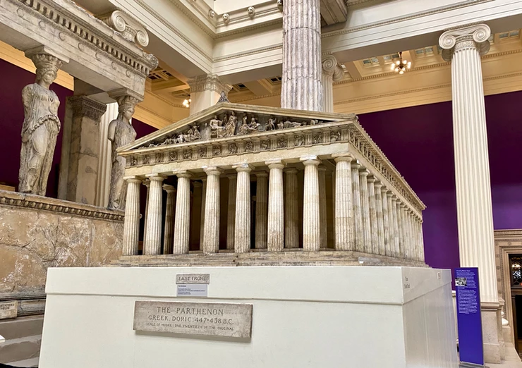 model of the Parthenon and, on the left, a replica of the Porch of the Maidens