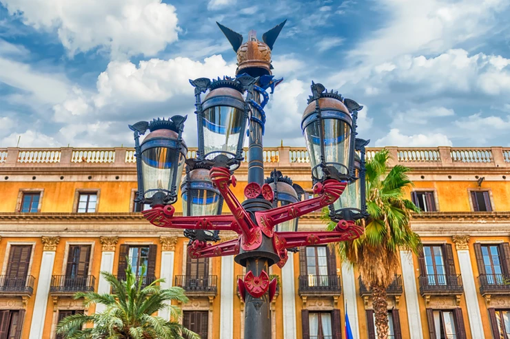 Gaudi-designed lampposts in the Placa Reial of the Gothic Quarter
